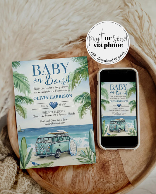 Surfer Baby Shower Invitation Baby on Board Invite Beach Ocean and Palm Trees Summer Baby Shower Pool Party Boys Printable Template #068 - TheLovebirdsDesign