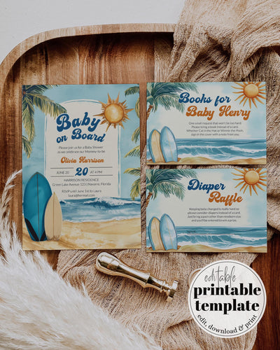 Baby on Board Surfer Baby Shower Invitation Beach Ocean Vintage Summer Baby Shower Invite Retro Pool Party Boys Printable Template #068 - TheLovebirdsDesign
