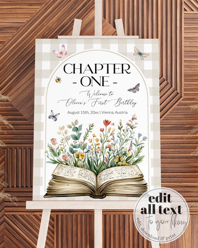 Chapter ONE Welcome Sign, New Chapter Begins Storybook 1st Birthday Party Sign, Chapter ONE Book themed Birthday Decoration Template #068 - TheLovebirdsDesign