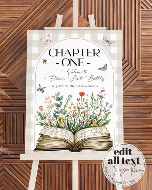 Chapter ONE Welcome Sign, New Chapter Begins Storybook 1st Birthday Party Sign, Chapter ONE Book themed Birthday Decoration Template #068 - TheLovebirdsDesign