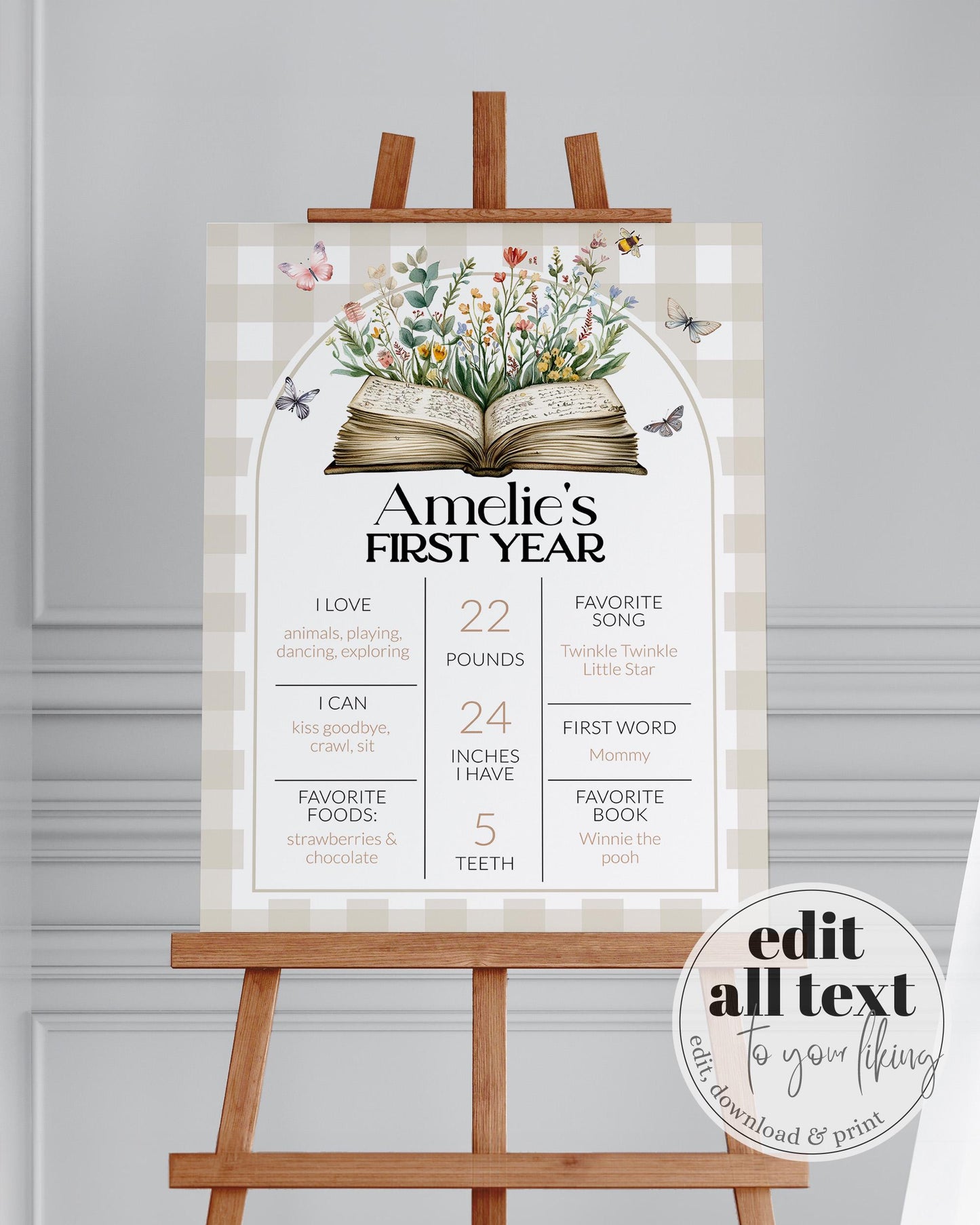 Storybook First Birthday Milestone Sign, Chapter ONE 1st Birthday Party Decorations, Wildflower Book themed Babys First Year Template #068 - TheLovebirdsDesign