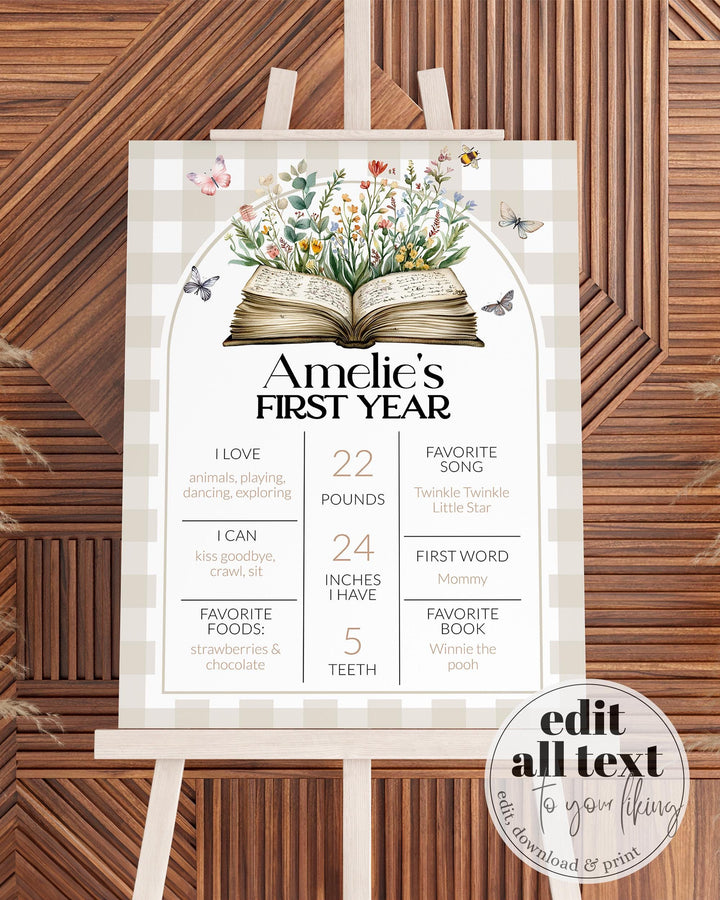 Storybook First Birthday Milestone Sign, Chapter ONE 1st Birthday Party Decorations, Wildflower Book themed Babys First Year Template #068 - TheLovebirdsDesign