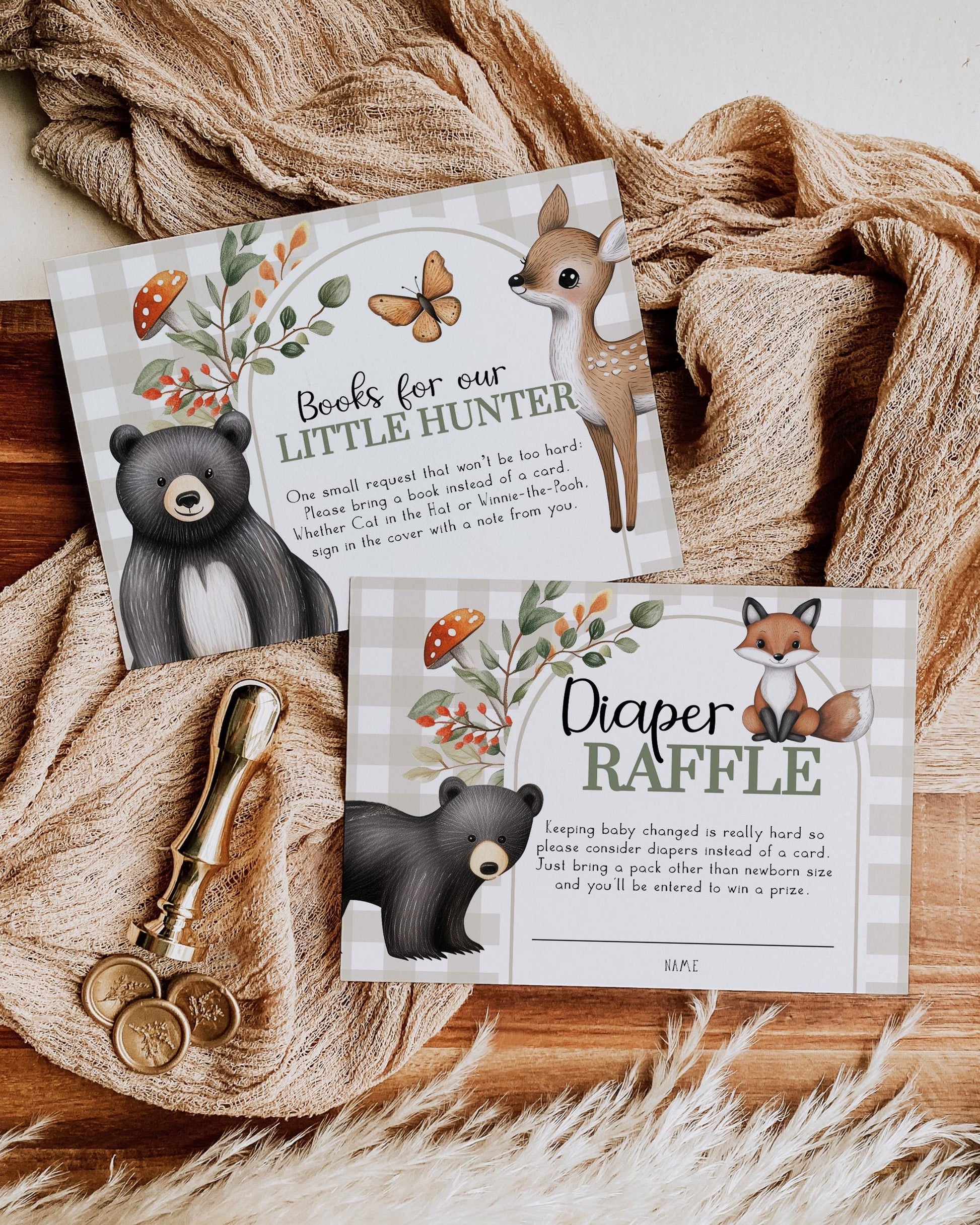 Little Hunter Oh Deer Woodland Animal Baby Shower Invitation, Little Buck Forest Animal Hunting Baby Shower Invite Party Template #068 - TheLovebirdsDesign