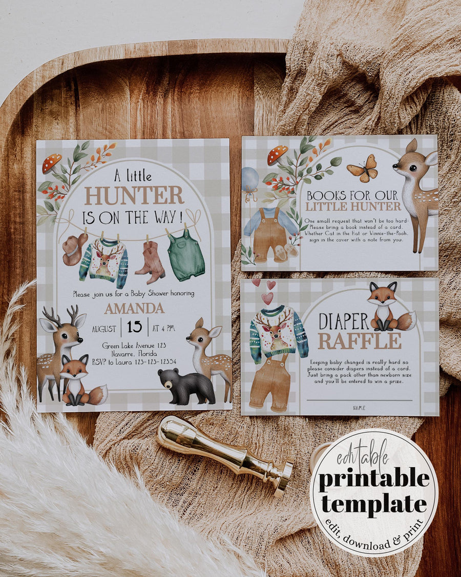 Hunter Baby Shower Invitation, Gender Neutral Gingham Forest Animals Baby Clothes Theme Template 008HU-BSINV - marryful.org
