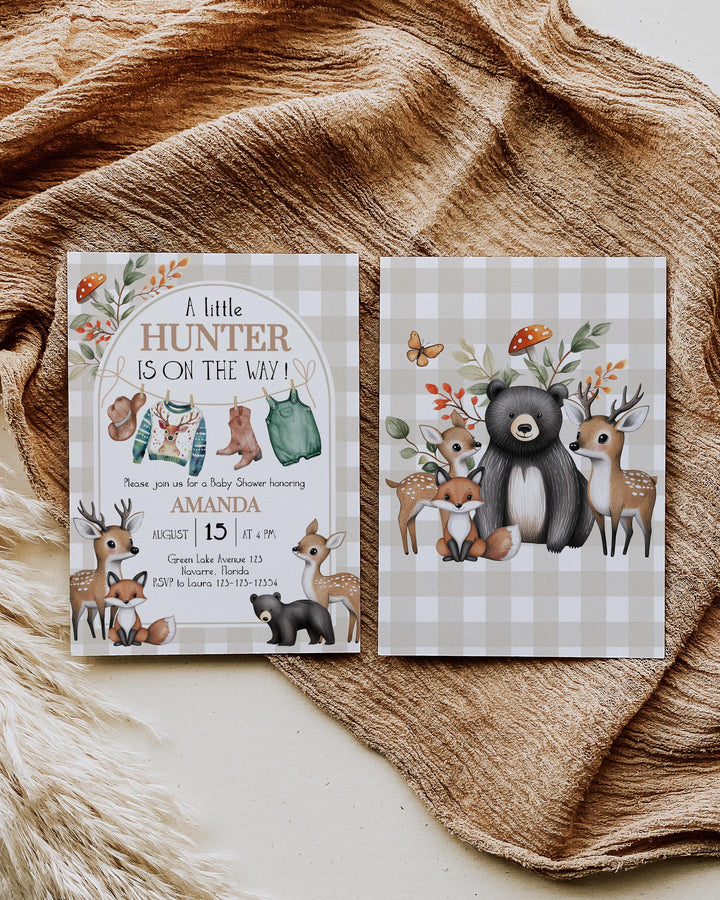 Hunter Baby Clothes Shower Invitation for Baby Boy or Girl, Gender Neutral Gingham Baby Shower Invite Woodsy Forest Animals Template #068 - TheLovebirdsDesign