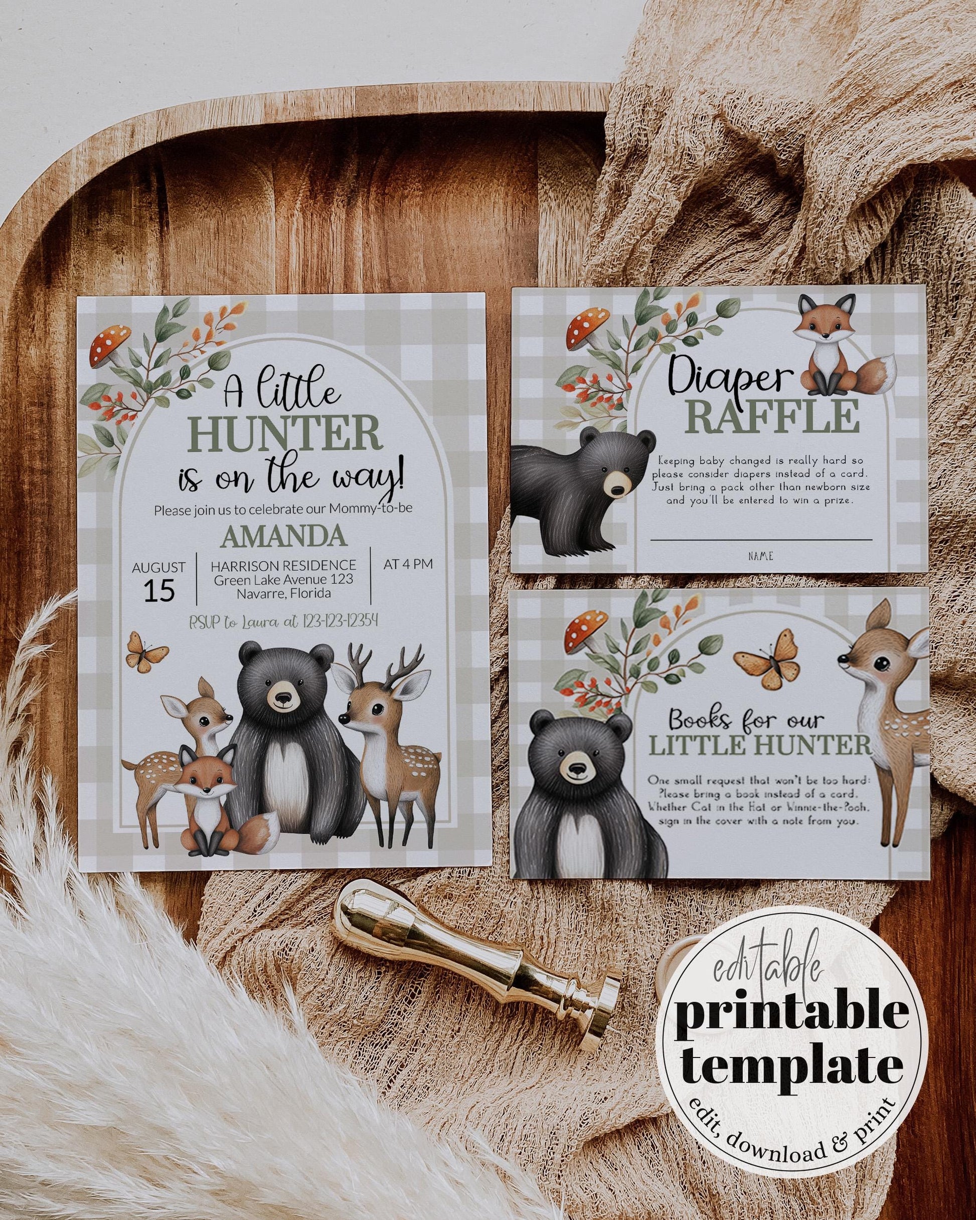 Hunter Theme Forest Animals Woodsy Baby Shower Invitation, Little Buck Invite for Baby Boy, Hunter Baby Shower Printable Template #068 - TheLovebirdsDesign