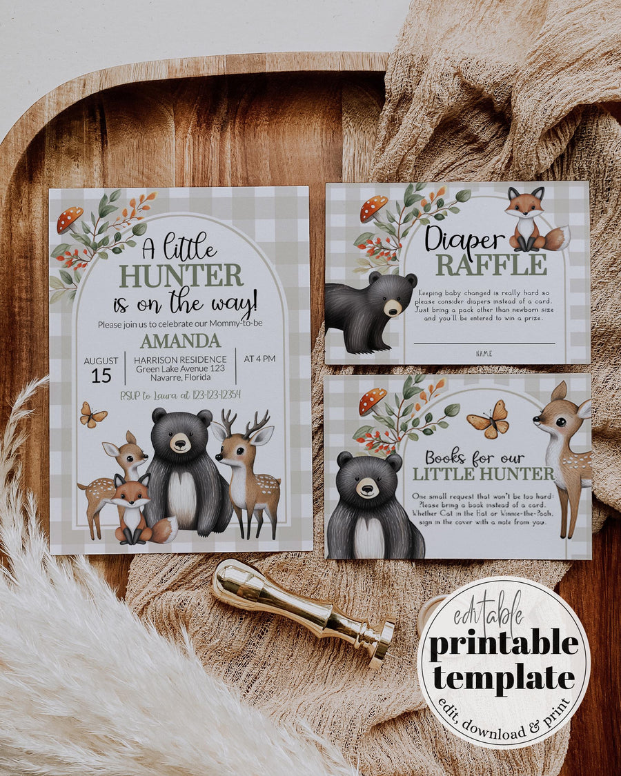 Little Hunter Baby Shower Invitation Template, Forest Animals Woodsy Buck Boy Invite 008HU-BSINV - marryful.org