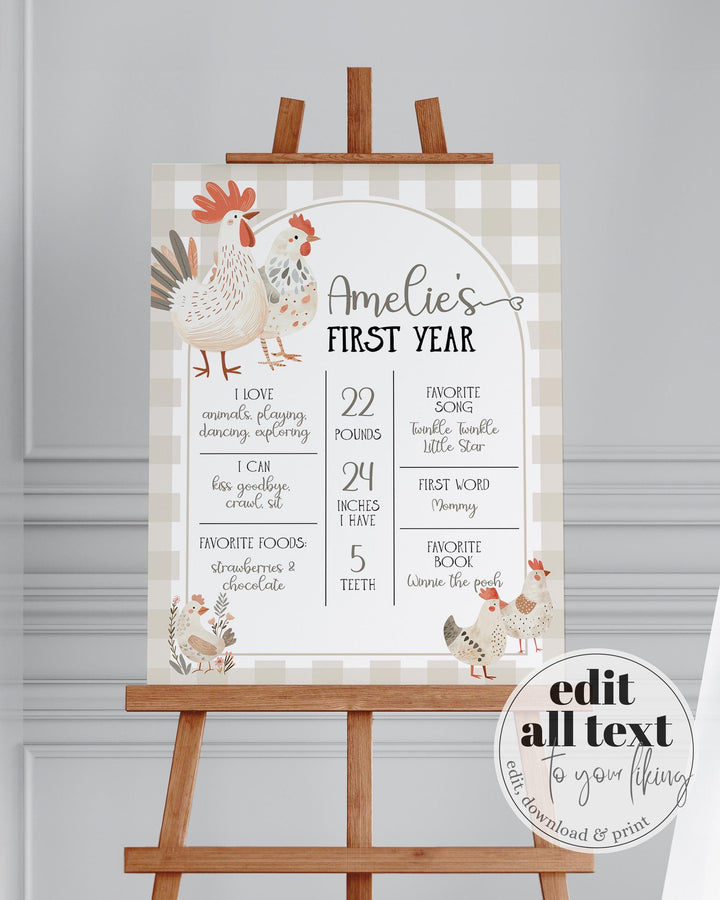 One Cute Chick First Birthday Baby Milestone Sign Gender Neutral My First Year Chicken 1st Birthday Sign Farm Animal Decor Template #068 - TheLovebirdsDesign