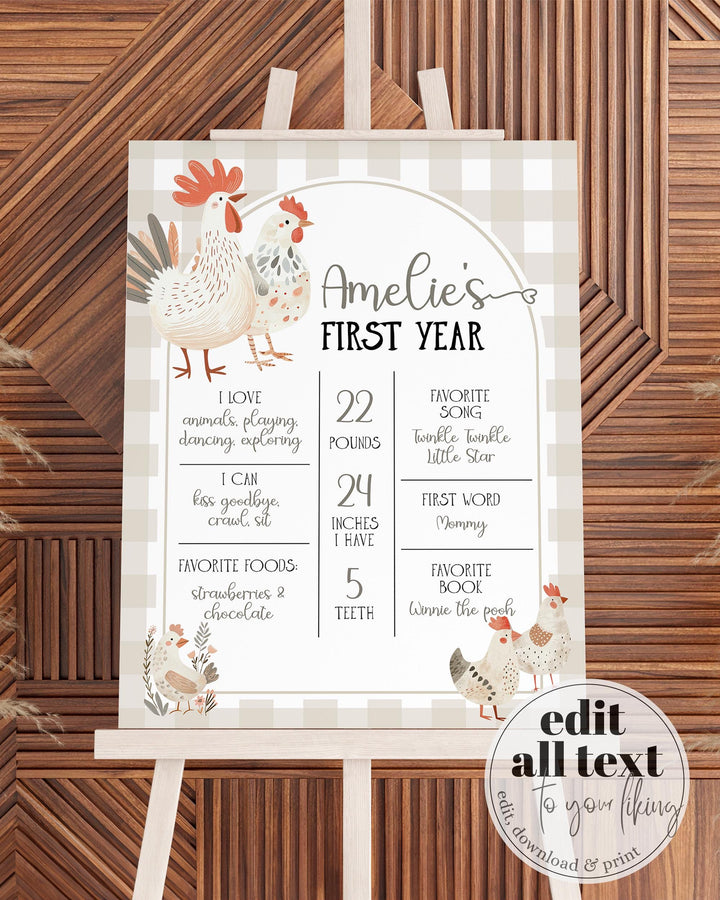 One Cute Chick First Birthday Baby Milestone Sign Gender Neutral My First Year Chicken 1st Birthday Sign Farm Animal Decor Template #068 - TheLovebirdsDesign