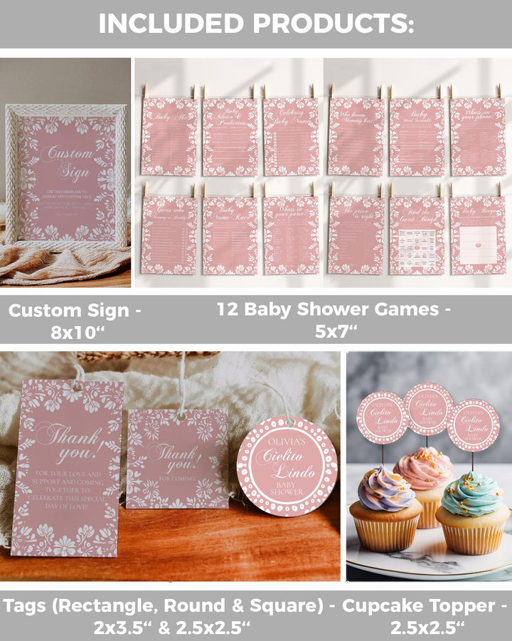 Pink Cielito Lindo Baby Shower Bundle, Editable Vintage Mexican Invitation Suite Girls Talavera Papel Picado Party Decorations Template #067 - TheLovebirdsDesign