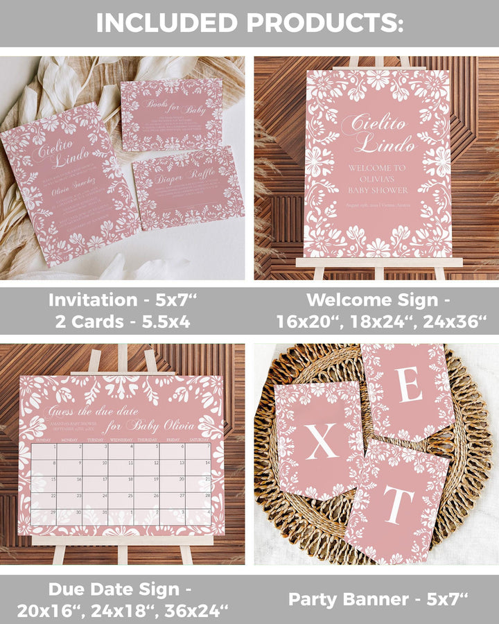 Pink Cielito Lindo Baby Shower Bundle, Editable Vintage Mexican Invitation Suite Girls Talavera Papel Picado Party Decorations Template #067 - TheLovebirdsDesign