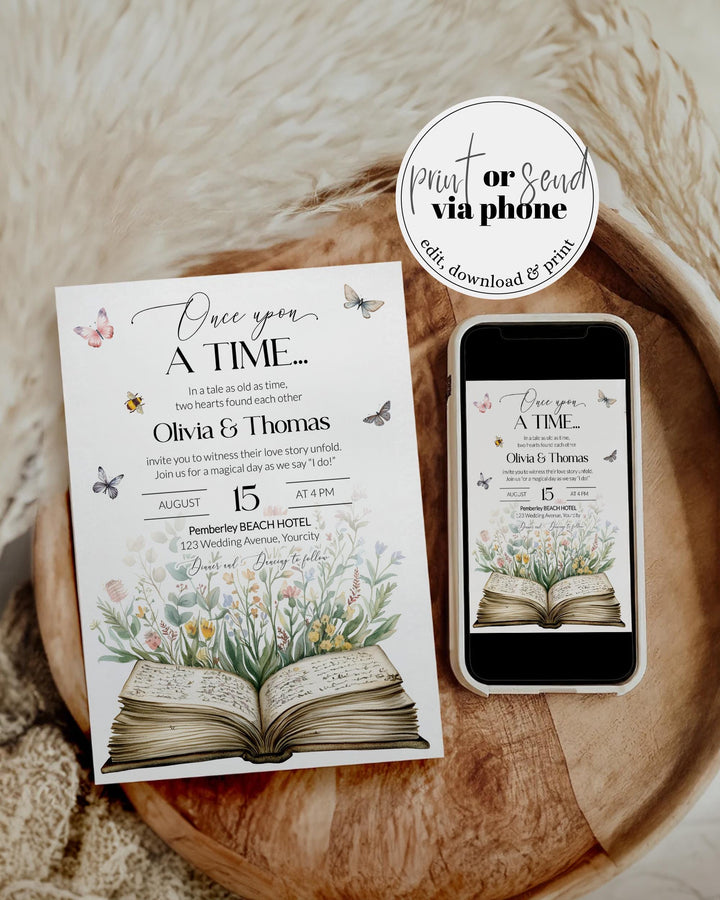 Storybook Wedding Invitation, A New Chapter Begins Wedding Invite, Once upon a time Wildflower Butterfly Library Book Themed Template #068 - TheLovebirdsDesign