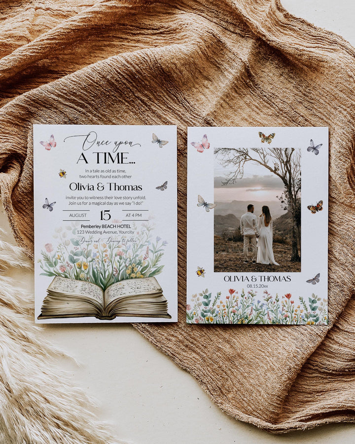 Storybook Wedding Invitation, A New Chapter Begins Wedding Invite, Once upon a time Wildflower Butterfly Library Book Themed Template #068 - TheLovebirdsDesign