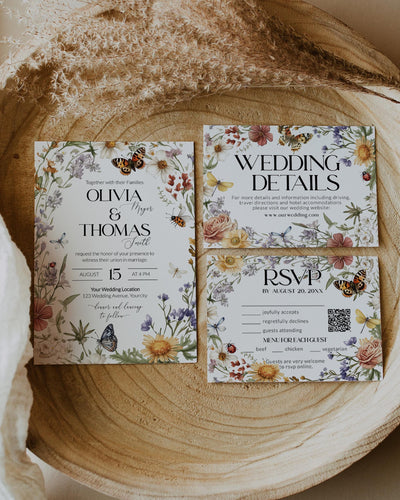 Wildflower Wedding Invitation Template, Butterfly Garden Love in Bloom Theme 100LB-WEINV - marryful.org
