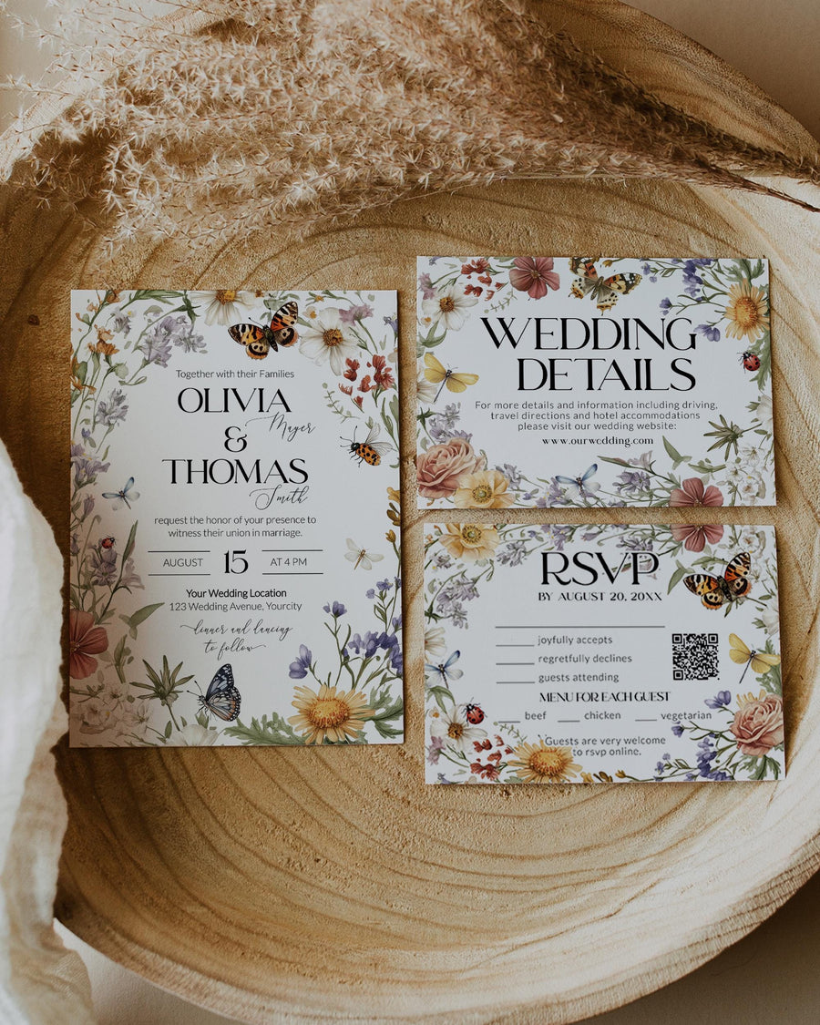 Wildflower Wedding Invitation Template, Butterfly Garden Love in Bloom Theme 100LB-WEINV - marryful.org
