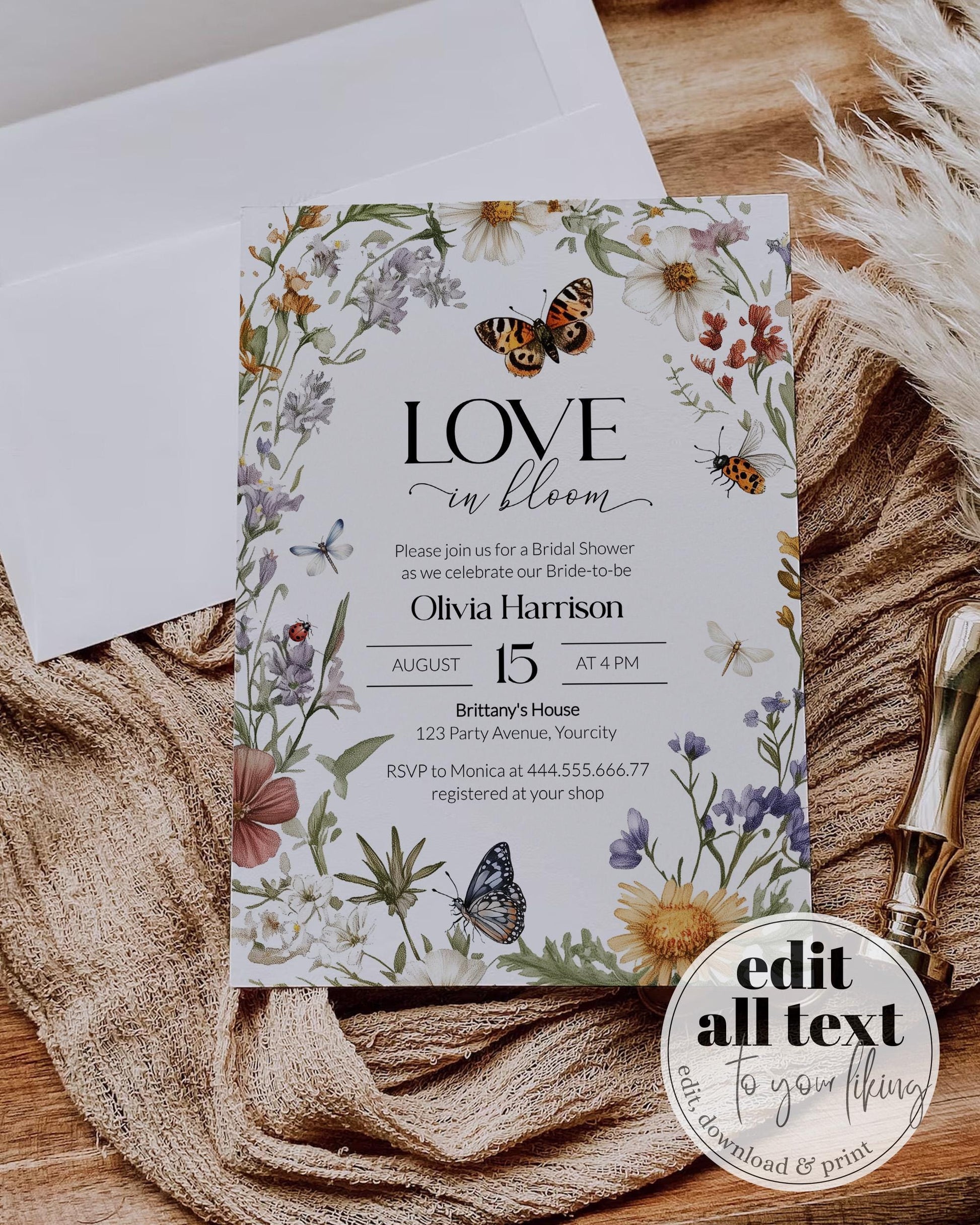 Wildflower Bridal Shower Invitation, Love in Bloom Bridal Shower Invite, Bee Bridal Shower Floral Garden Party Butterflies Template #072 - TheLovebirdsDesign