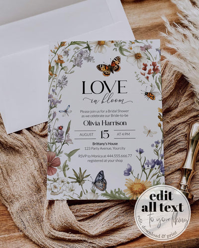 Wildflower Bridal Shower Invitation, Love in Bloom Bridal Shower Invite, Bee Bridal Shower Floral Garden Party Butterflies Template #072 - TheLovebirdsDesign