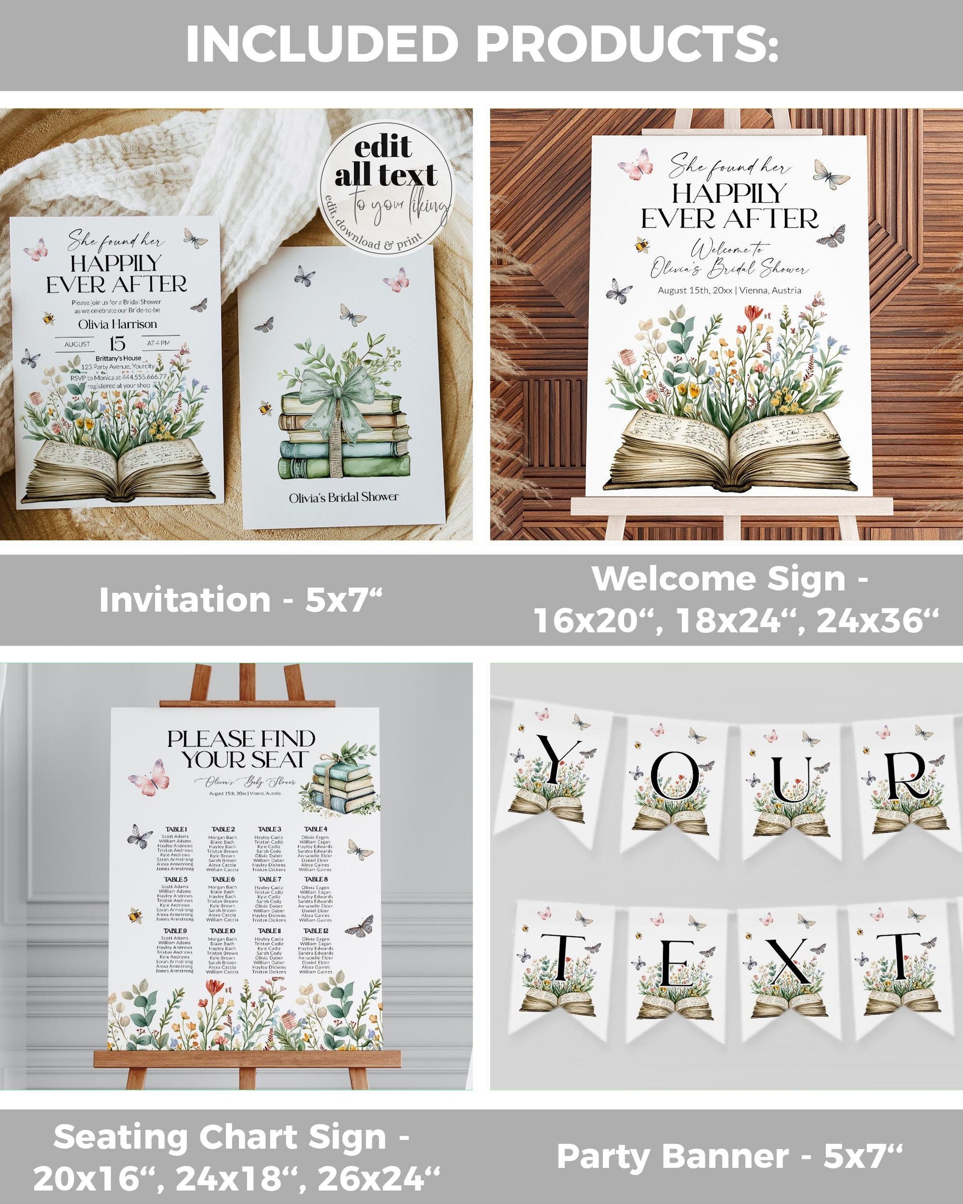 Storybook Bridal Shower Bundle, A New Chapter Bridal Shower Invitation, Happily ever after Wildflower Butterfly Library Template #072 - TheLovebirdsDesign