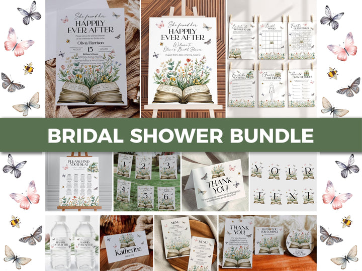 Storybook Bridal Shower Bundle, A New Chapter Bridal Shower Invitation, Happily ever after Wildflower Butterfly Library Template #072 - TheLovebirdsDesign