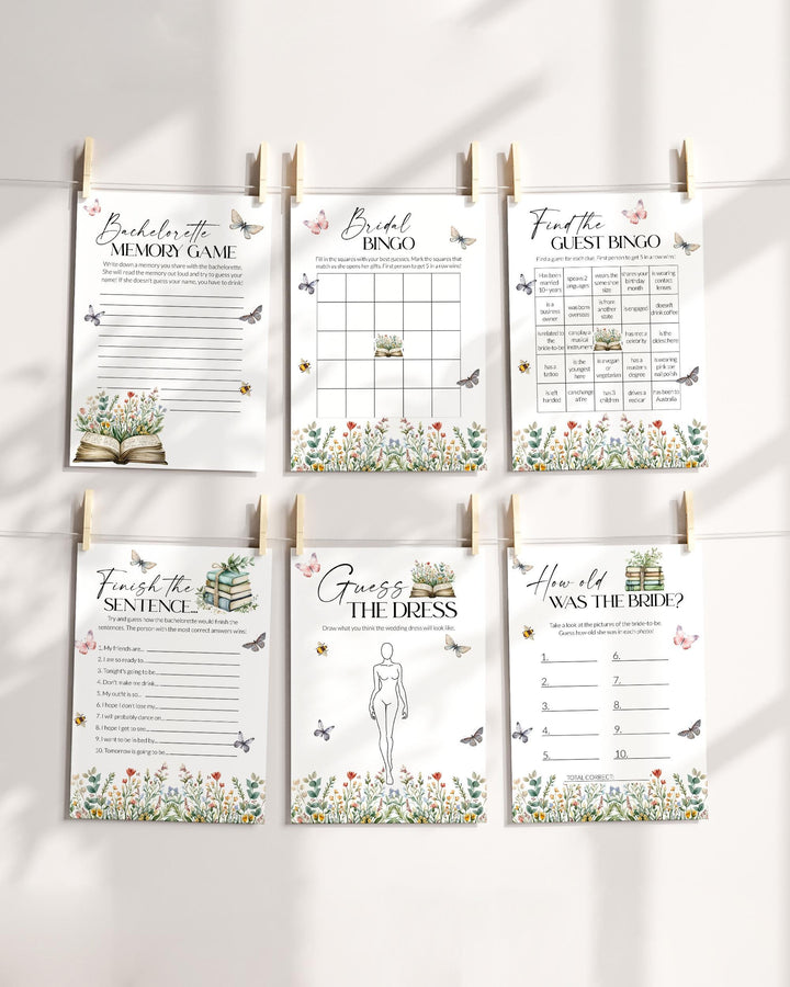 Storybook Bridal Shower Game Bundle, A New Chapter Begins Bridal Shower Games, Reading Shower Library Wildflower Butterfly Template #072 - TheLovebirdsDesign