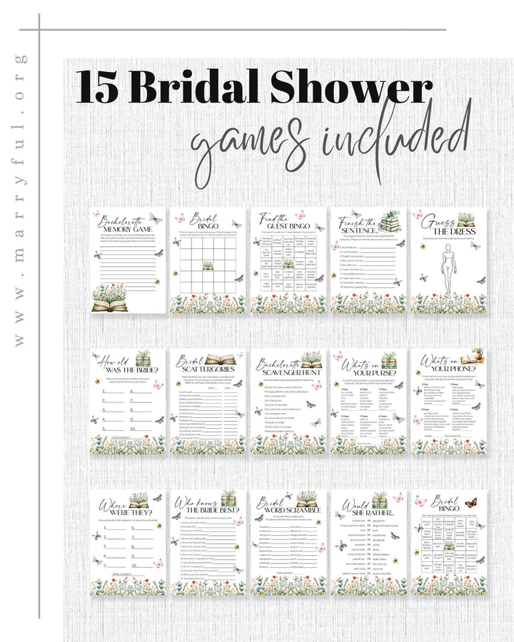 Storybook Bridal Shower Game Bundle, A New Chapter Begins Bridal Shower Games, Reading Shower Library Wildflower Butterfly Template #072 - TheLovebirdsDesign