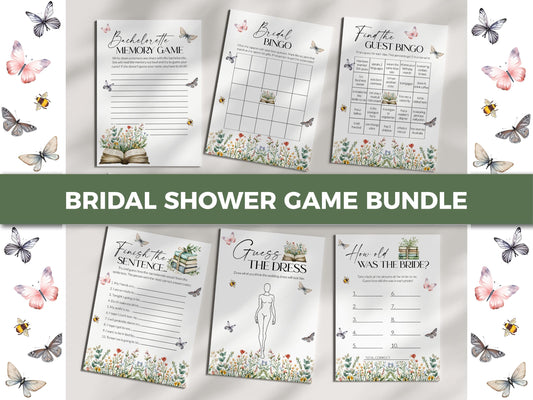 Storybook Bridal Shower Game Bundle, A New Chapter Begins Bridal Shower Games, Reading Shower Library Wildflower Butterfly Template #072 - TheLovebirdsDesign