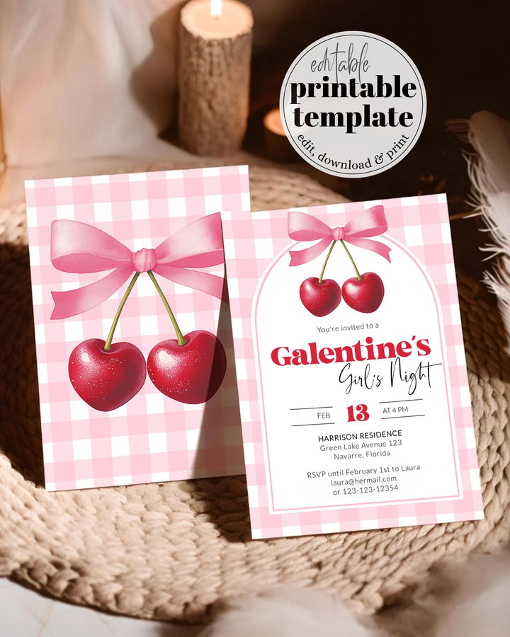 Cherry Coquette Bow Galentines Girls Night Invitation, Pajama Party or Valentines Day Tea Party Invite Heart Shaped Cherries Template #068 - TheLovebirdsDesign