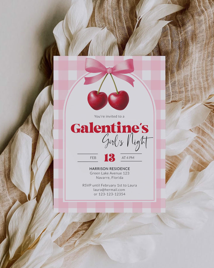 Cherry Coquette Bow Galentines Girls Night Invitation, Pajama Party or Valentines Day Tea Party Invite Heart Shaped Cherries Template #068 - TheLovebirdsDesign