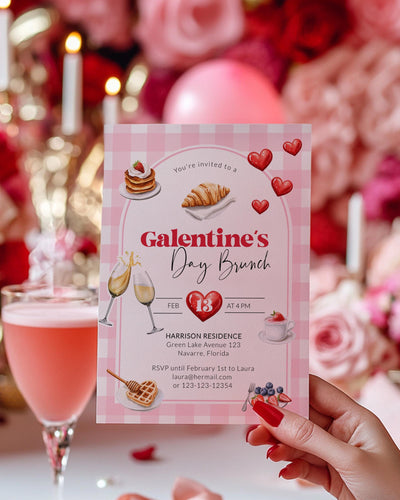Galentine's Day Brunch Invitation, Valentines Day Brunch Tea Party Invite, Brunch Bubbly Croissant Pancakes Waffles Printable Template #068 - TheLovebirdsDesign
