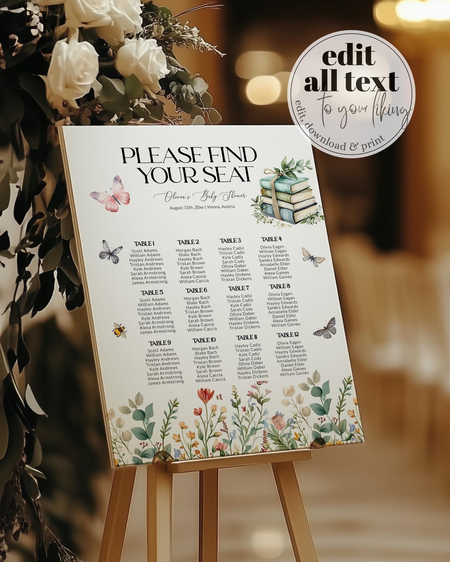 Storybook Seating Chart Template, New Chapter Begins Happily Ever After Book Shower Decorations Guest Seating Reading Library Template #072 - TheLovebirdsDesign