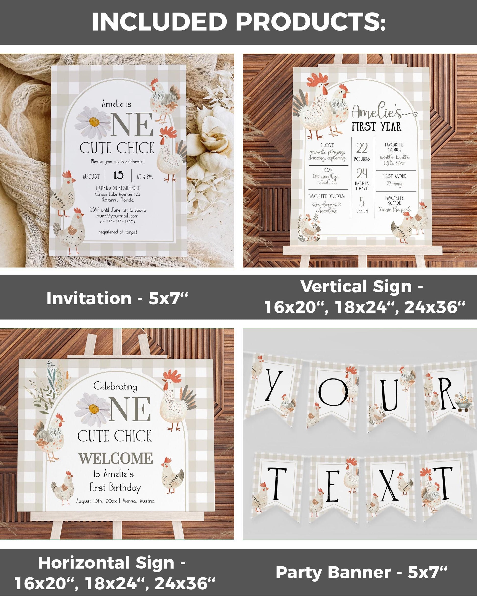 One Cute Chick First Birthday Bundle, Gender Neutral Chicken Themed Birthday Invitation Suite, Cute Farm Animal Invite Template Bundle #068 - TheLovebirdsDesign