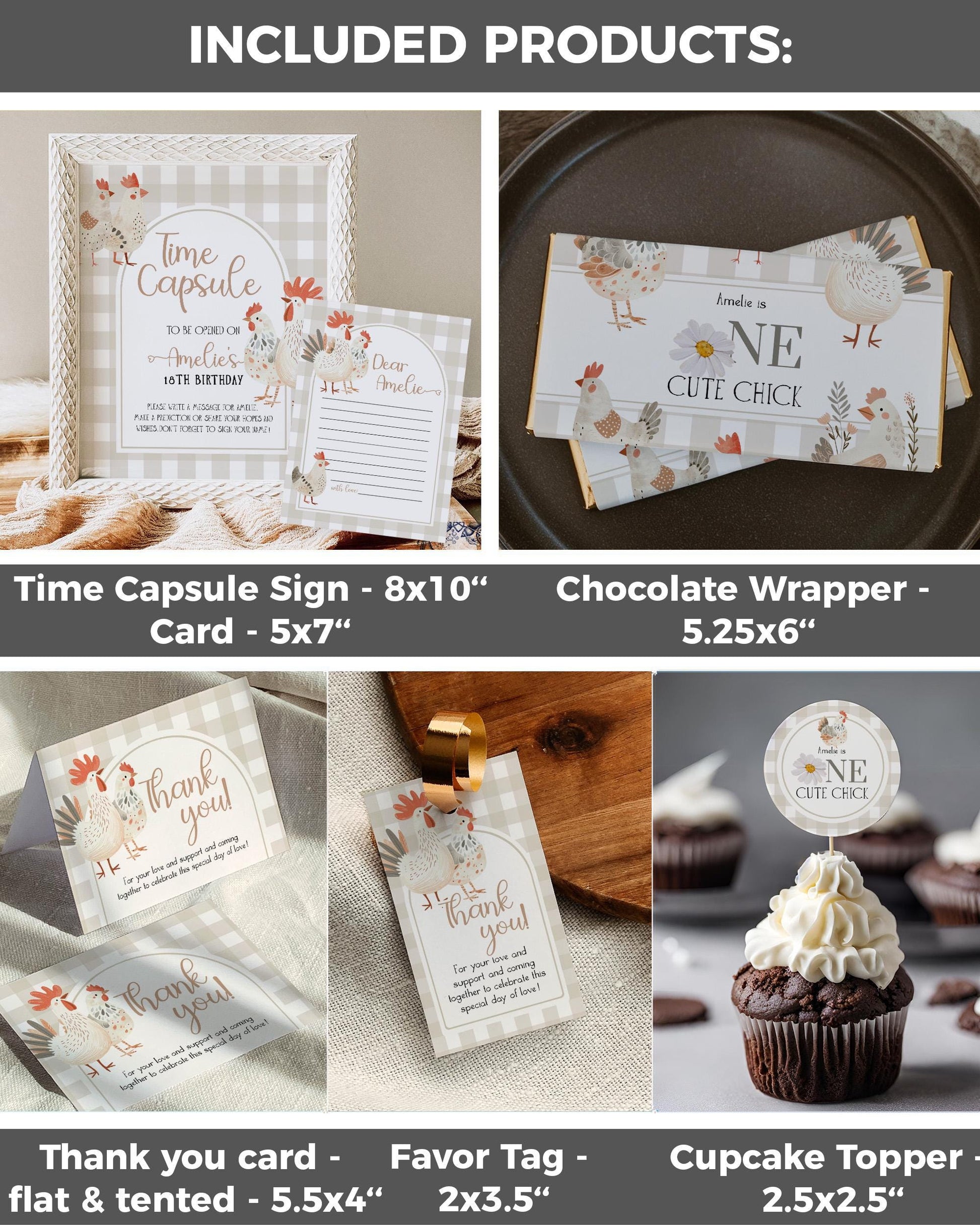 One Cute Chick First Birthday Bundle, Gender Neutral Chicken Themed Birthday Invitation Suite, Cute Farm Animal Invite Template Bundle #068 - TheLovebirdsDesign
