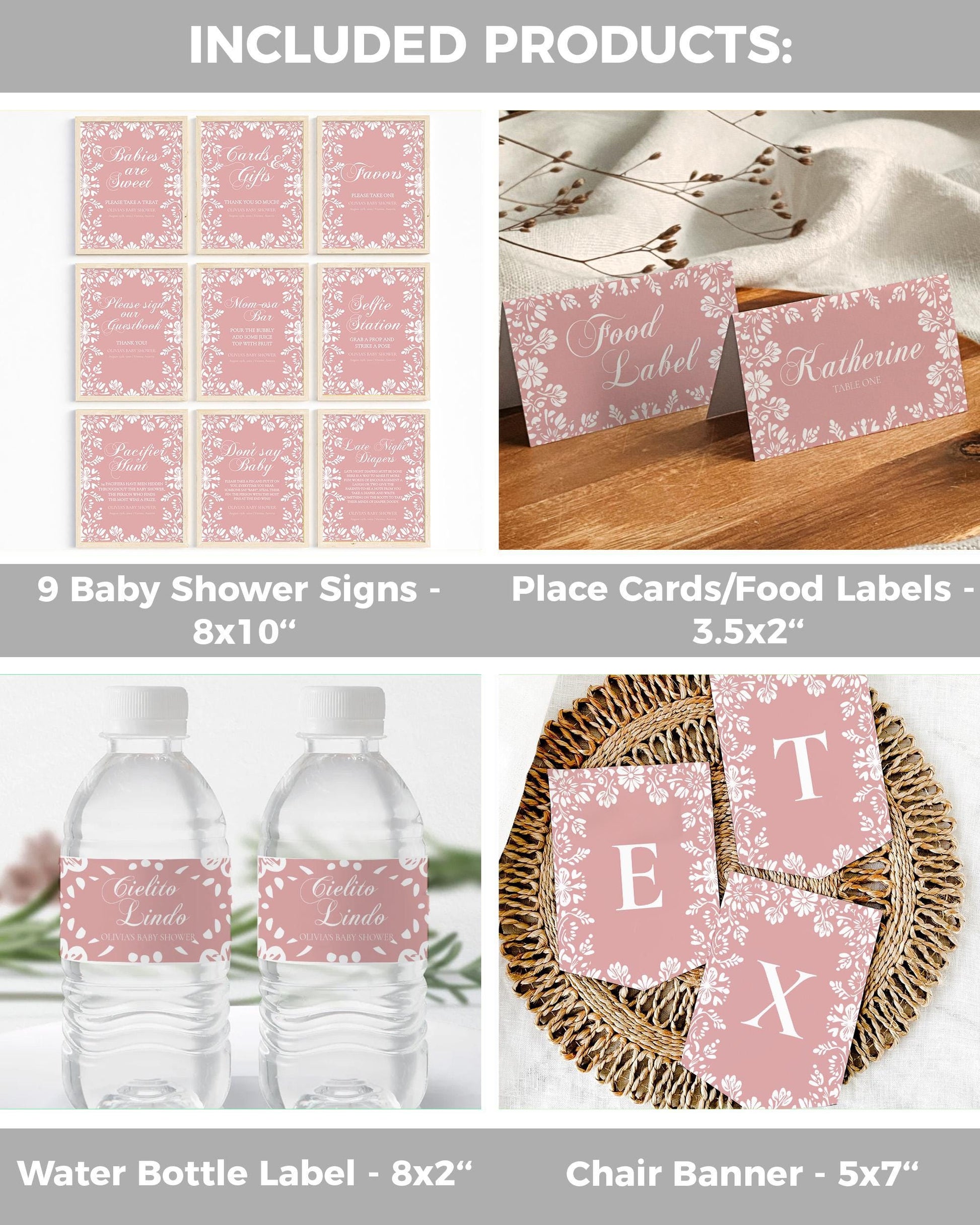 Cielito Lindo Baby Shower Bundle Pink, Editable Vintage Mexican Invitation Suite Girls Talavera Papel Picado Party Decorations Template #067 - TheLovebirdsDesign