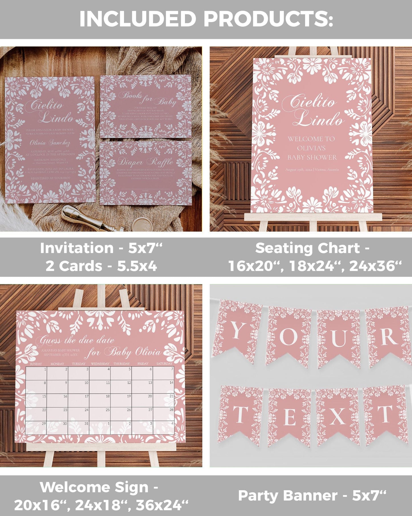 Cielito Lindo Baby Shower Bundle Pink, Editable Vintage Mexican Invitation Suite Girls Talavera Papel Picado Party Decorations Template #067 - TheLovebirdsDesign