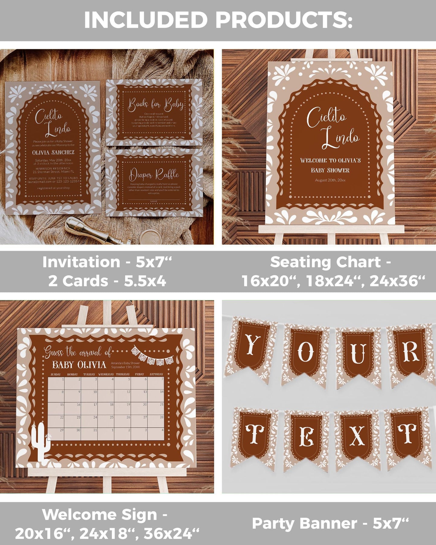 Cielito Lindo Baby Shower Bundle, Gender Neutral Vintage Mexican themed Baby Shower Games, Beige Talavera Papel Picado Decor Template #067 - TheLovebirdsDesign