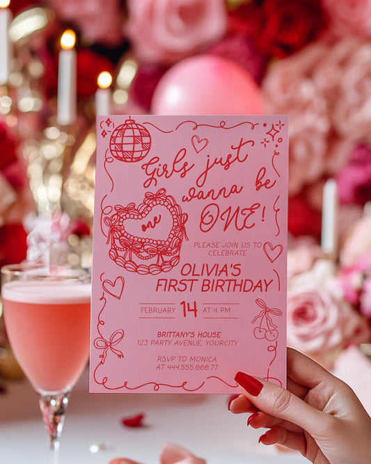 Girls just wanna be ONE Funky XOXO Handwritten Wavy Frame First Birthday Invitation Doodle Bow 1st Birthday Invite Heart Cake Template #072 - TheLovebirdsDesign