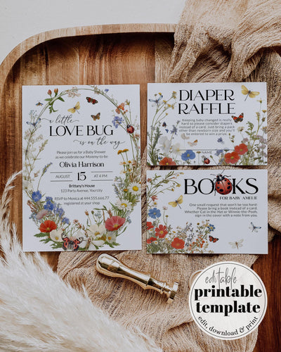 Wildflower Lovebug Baby Shower Invitation, Gender Neutral Love Bug Baby Shower Invite, Wildflower Butterfly Themed Party Template #072 - TheLovebirdsDesign