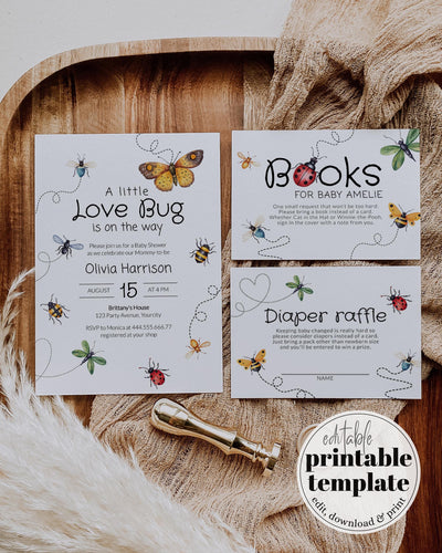 Little Love Bug Baby Shower Invitation Template, Bee and Butterfly Party Theme Printable #072 - TheLovebirdsDesign