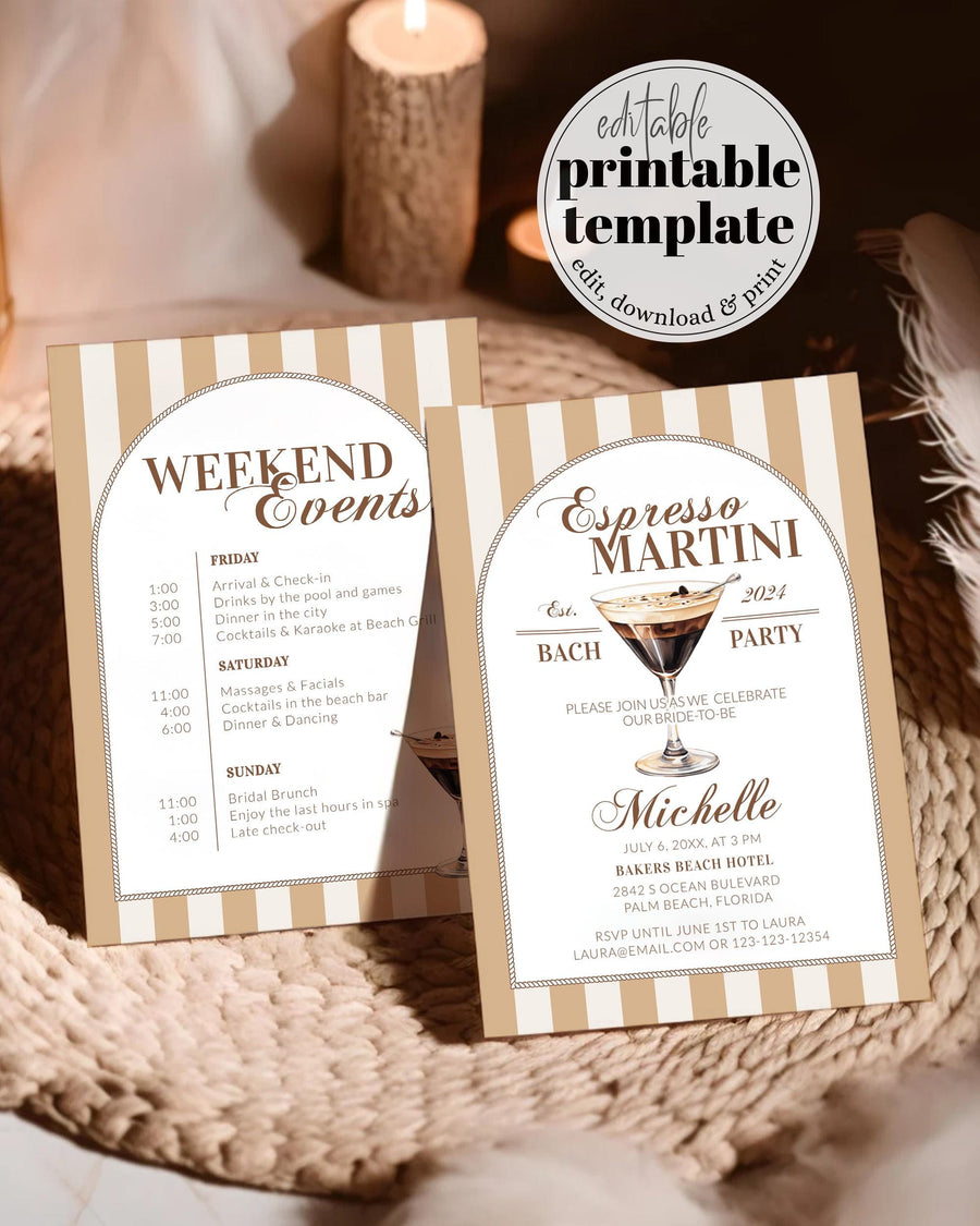 Espresso Martini Bachelorette Itinerary Social Club Bridal Shower Invitation Weekend Party Template #072 - marryful.org