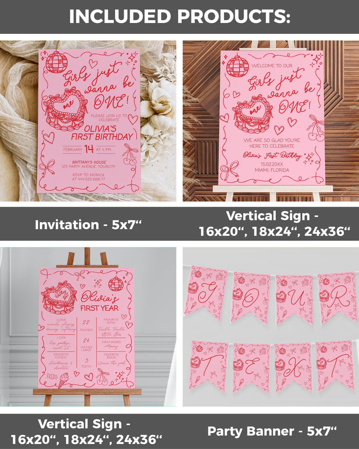 Girls just wanna be ONE Funky Handwritten Wavy Frame First Birthday Bundle Doodle Bow 1st Birthday Invitation Heart Cake Template #072 - TheLovebirdsDesign