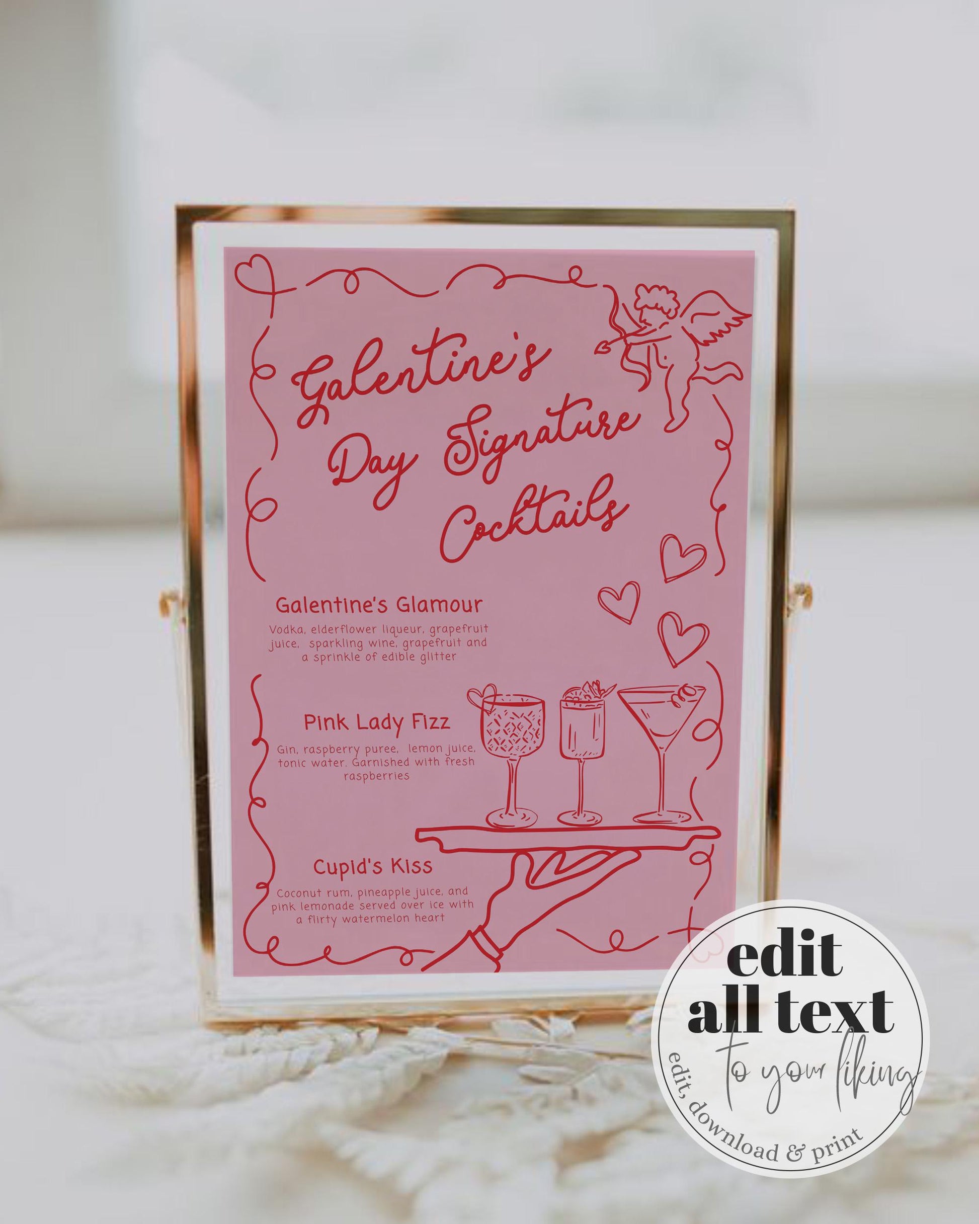 Handwritten Galentines Day Signature Cocktails for Girls Night Funky Doodle Pink Red Valentine Pajama Party Bar Menu Galentine Template #070 - TheLovebirdsDesign