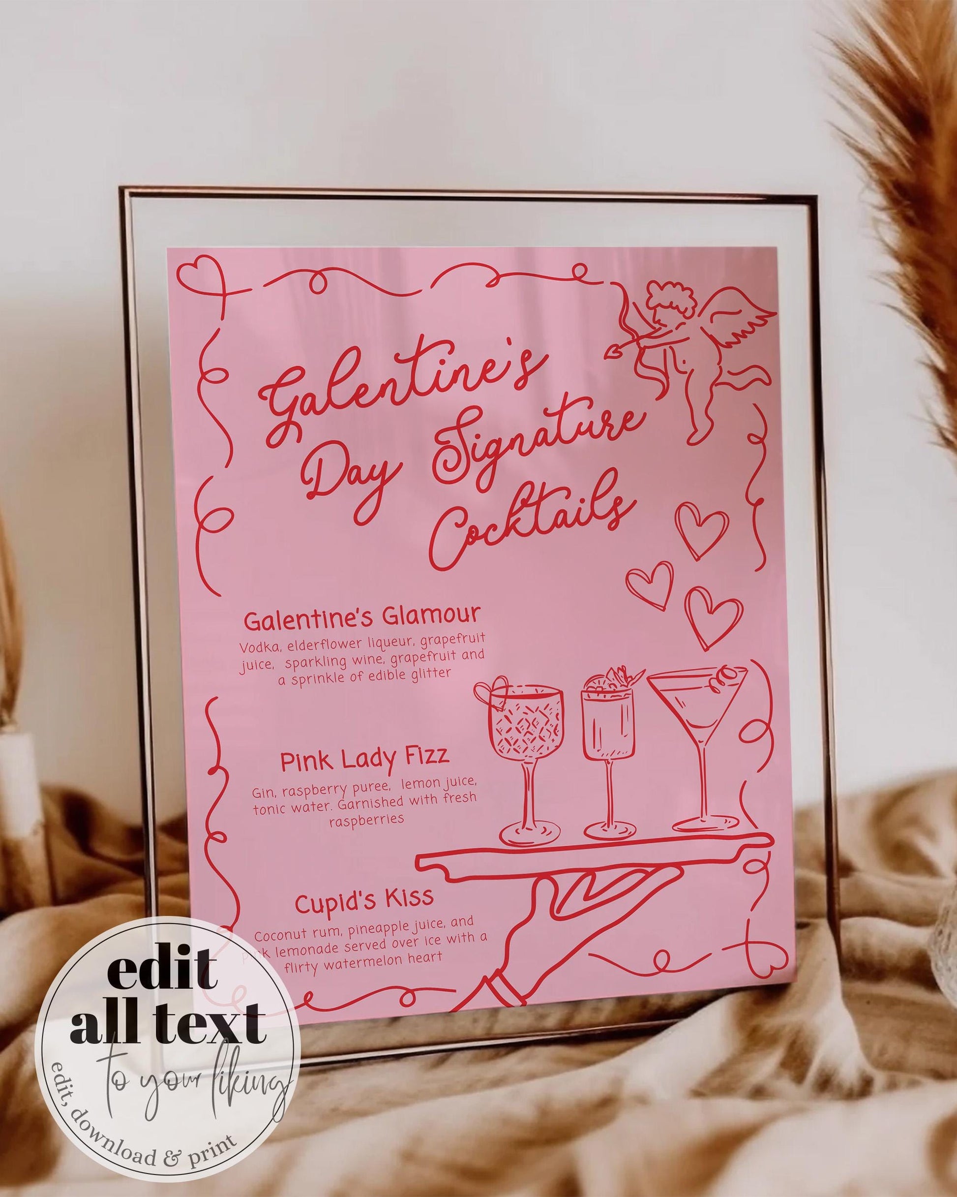 Handwritten Galentines Day Signature Cocktails for Girls Night Funky Doodle Pink Red Valentine Pajama Party Bar Menu Galentine Template #070 - TheLovebirdsDesign