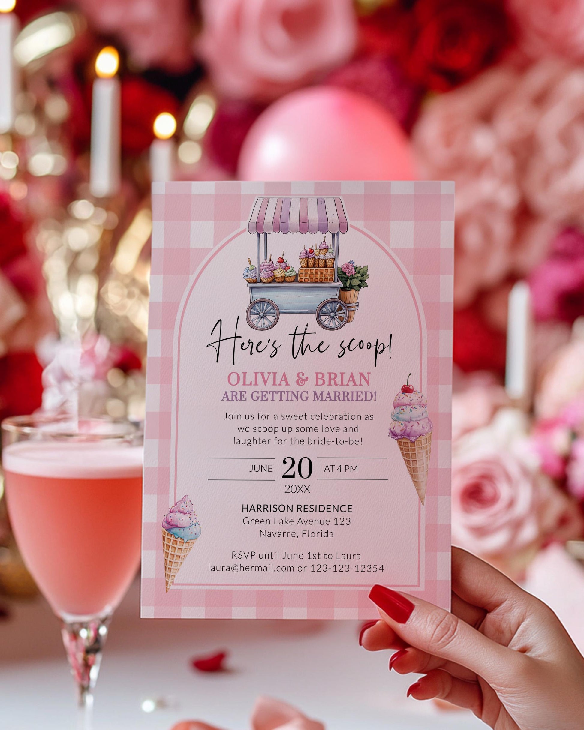 Ice Cream Invite Scoops, Heres the Scoop Bridal Shower Invitation Coquette Ice Truck Summer Pool Party Garden Shower Printable Template #068 - TheLovebirdsDesign