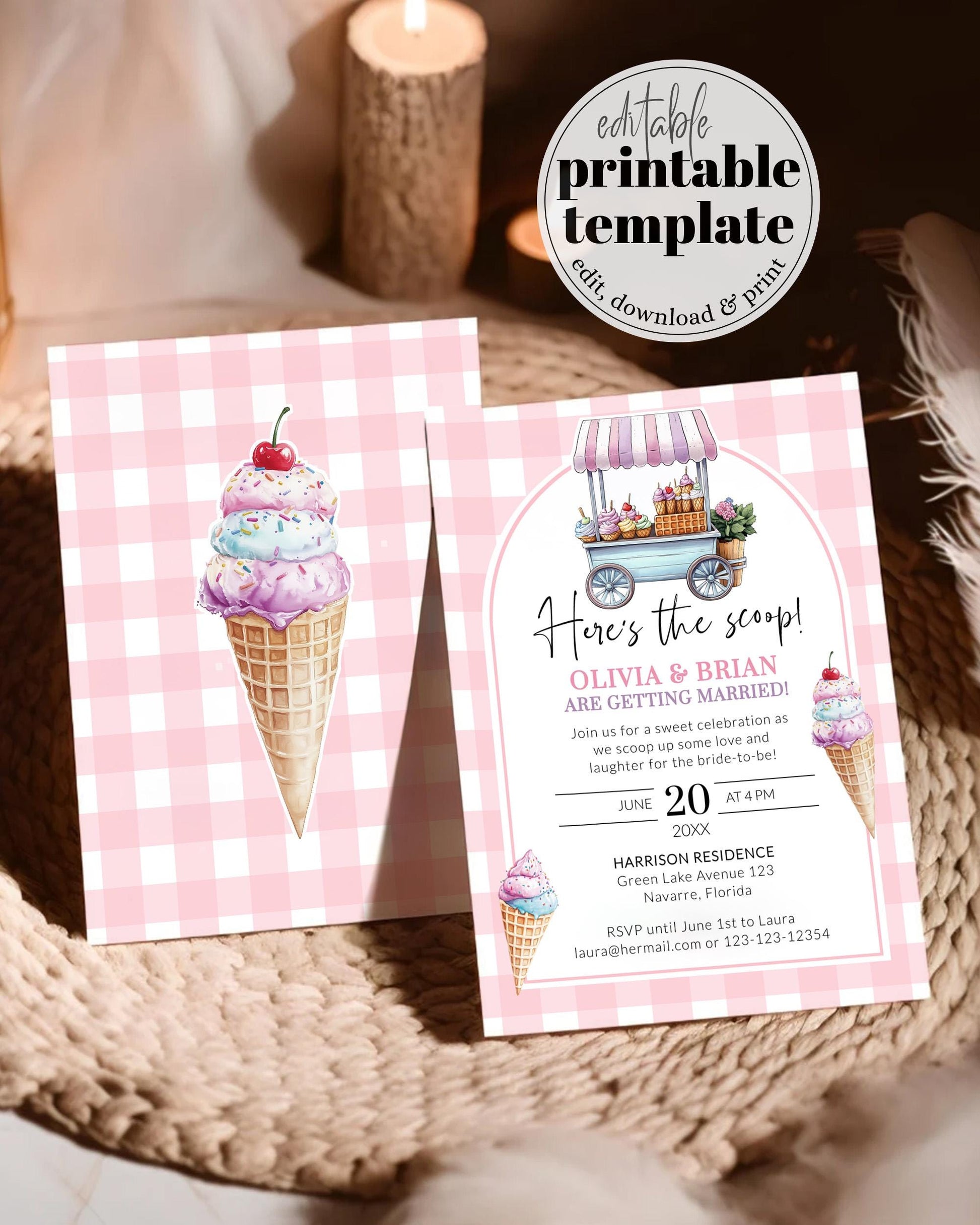Ice Cream Invite Scoops, Heres the Scoop Bridal Shower Invitation Coquette Ice Truck Summer Pool Party Garden Shower Printable Template #068 - TheLovebirdsDesign