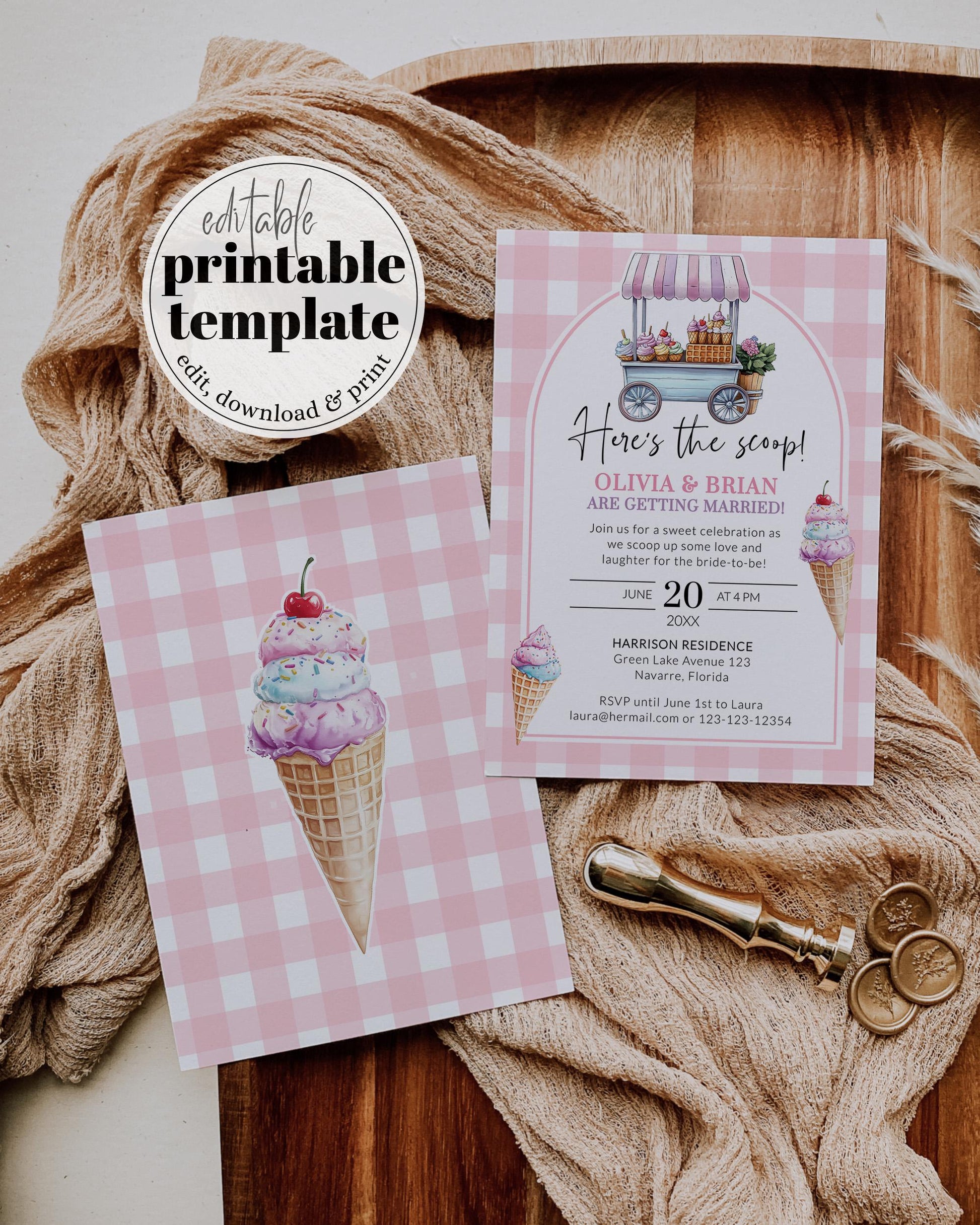 Ice Cream Invite Scoops, Heres the Scoop Bridal Shower Invitation Coquette Ice Truck Summer Pool Party Garden Shower Printable Template #068 - TheLovebirdsDesign