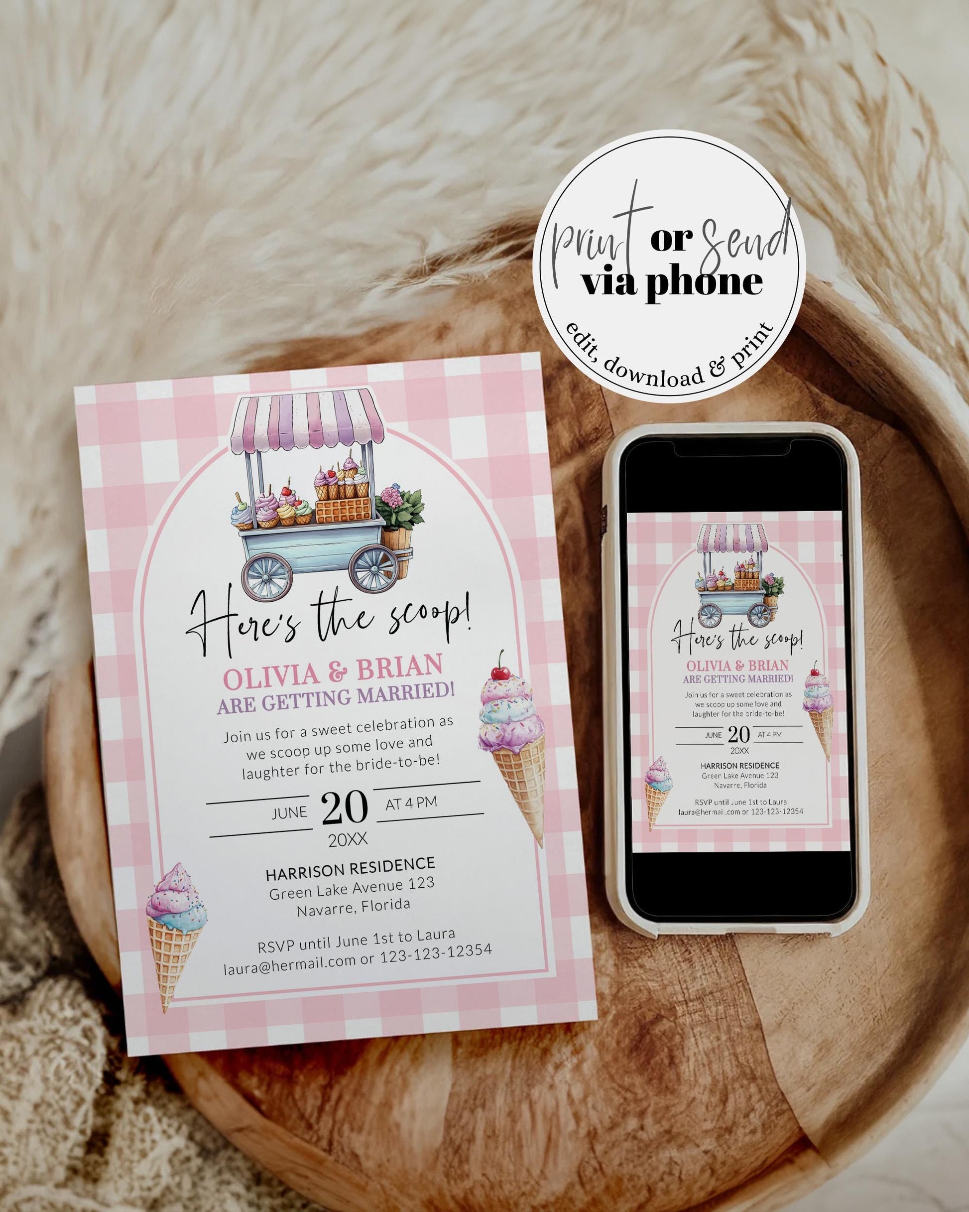 Ice Cream Invite Scoops, Heres the Scoop Bridal Shower Invitation Coquette Ice Truck Summer Pool Party Garden Shower Printable Template #068 - TheLovebirdsDesign