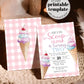 Pink Ice Cream Birthday Invitation Girls, Editable Heres the Scoop Pink Gingham Ice Truck Summer Birthday Invitation Printable Template #068 - TheLovebirdsDesign