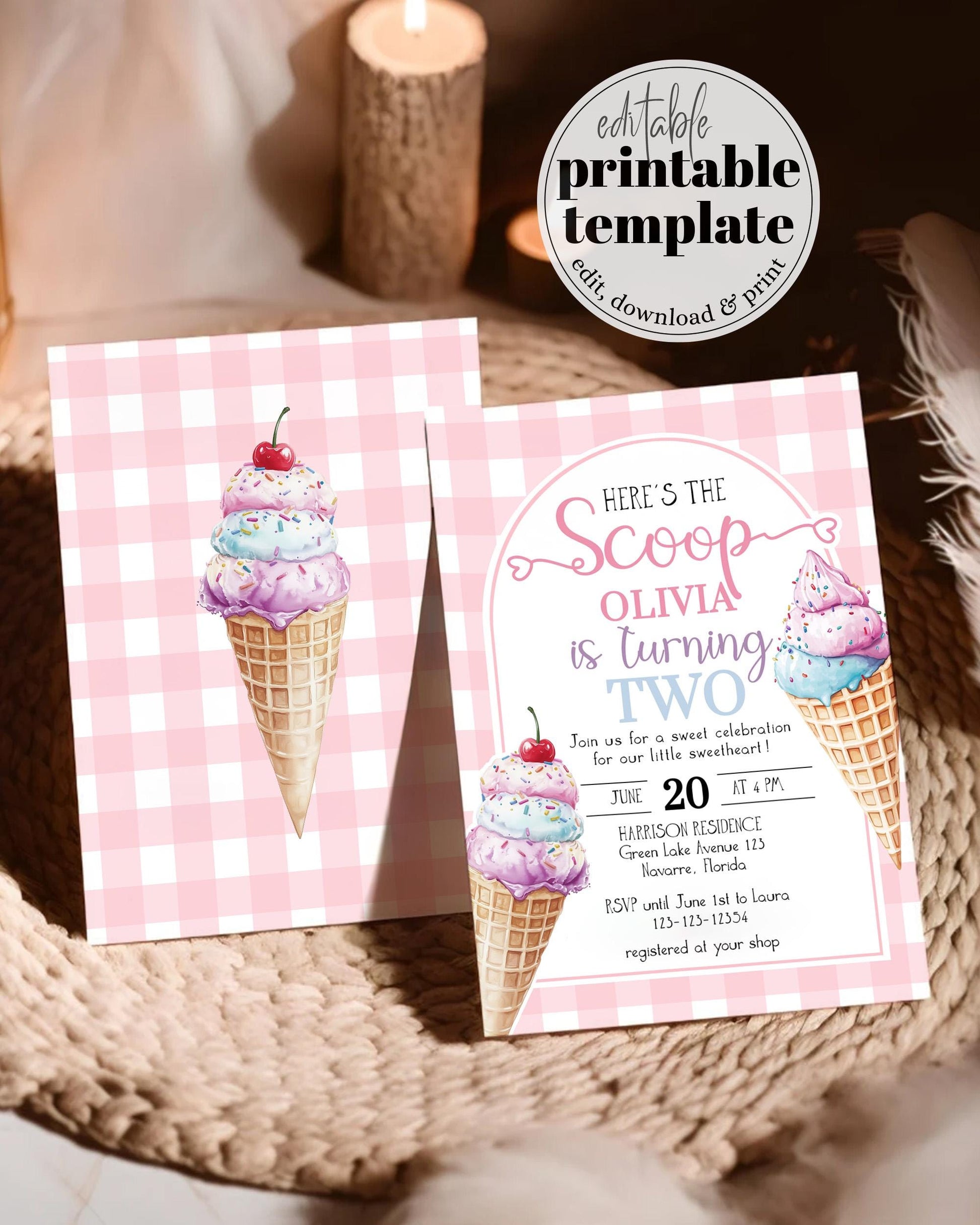 Pink Ice Cream Birthday Invitation Girls, Editable Heres the Scoop Pink Gingham Ice Truck Summer Birthday Invitation Printable Template #068 - TheLovebirdsDesign