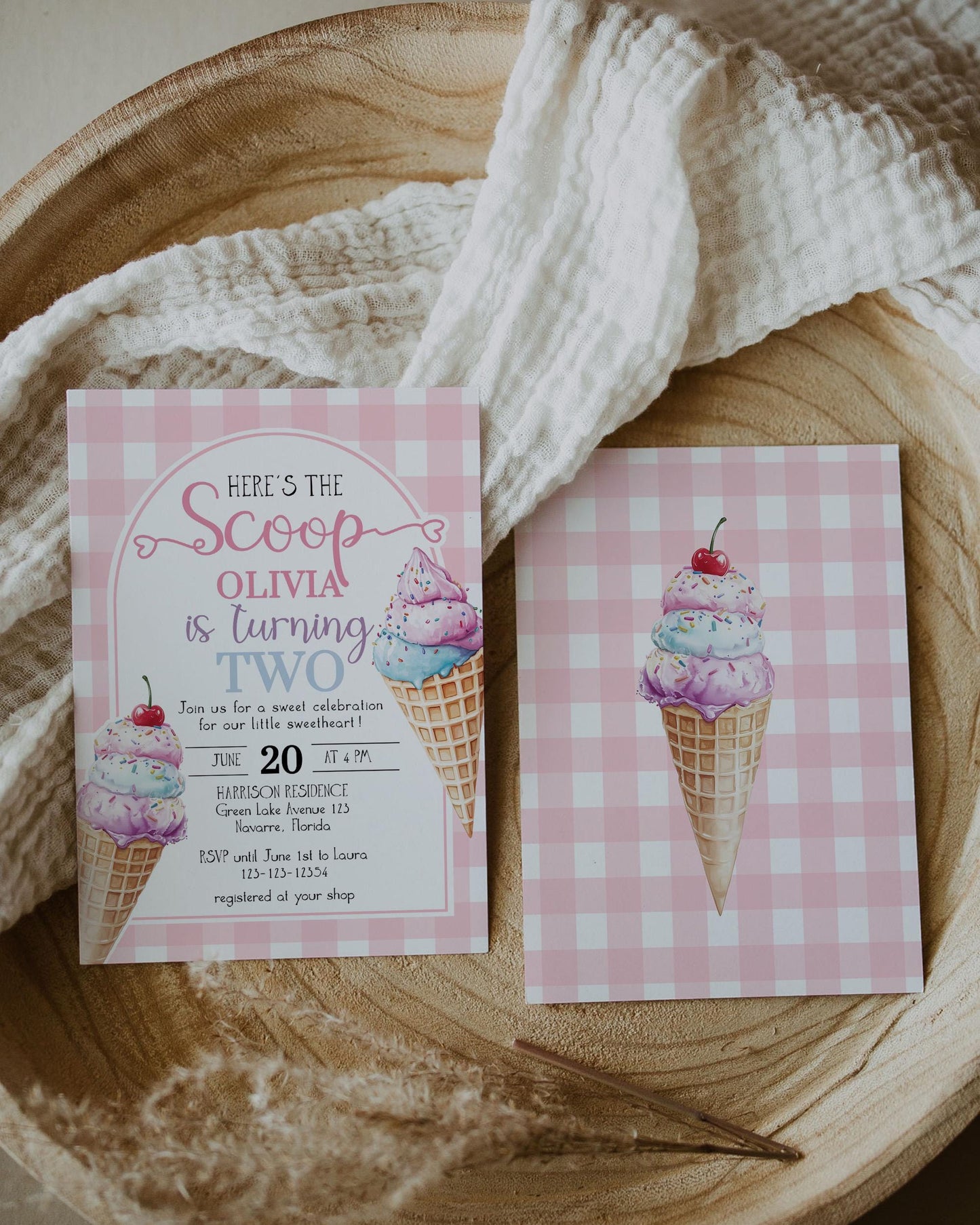 Pink Ice Cream Birthday Invitation Girls, Editable Heres the Scoop Pink Gingham Ice Truck Summer Birthday Invitation Printable Template #068 - TheLovebirdsDesign