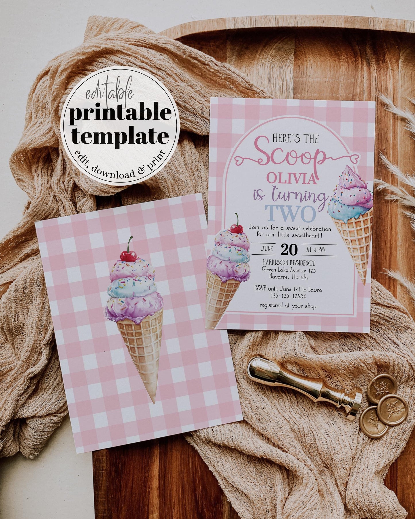 Pink Ice Cream Birthday Invitation Girls, Editable Heres the Scoop Pink Gingham Ice Truck Summer Birthday Invitation Printable Template #068 - TheLovebirdsDesign